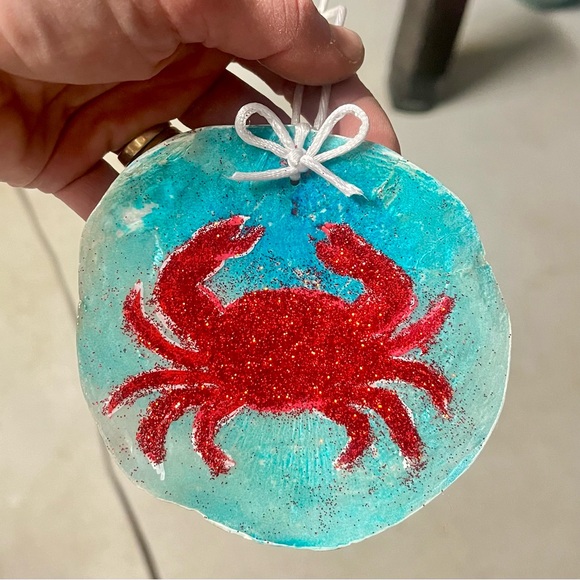 Festive Capiz Shell Ornament • Red Glitter Crab •Resin Coated • Christmas Decor - Picture 5 of 6